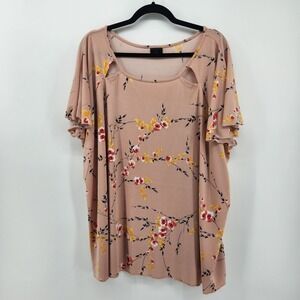 Worthington Woman 4X Pink Floral Print Top Ruffle Sleeve Cut Out Neck Plus Size